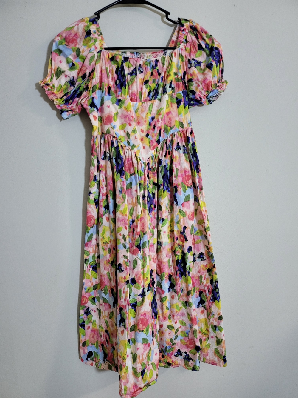 Floral Puff Sleeve Midi Dress - Pink Multi